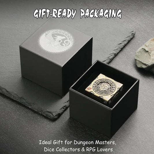 DNDND brass dice faces engraved with Chimera and monsters for collectible appeal.