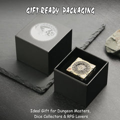 DNDND brass dice faces engraved with Chimera and monsters for collectible appeal.