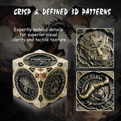 DNDND brass dice cube side view shows a sleek balanced profile.