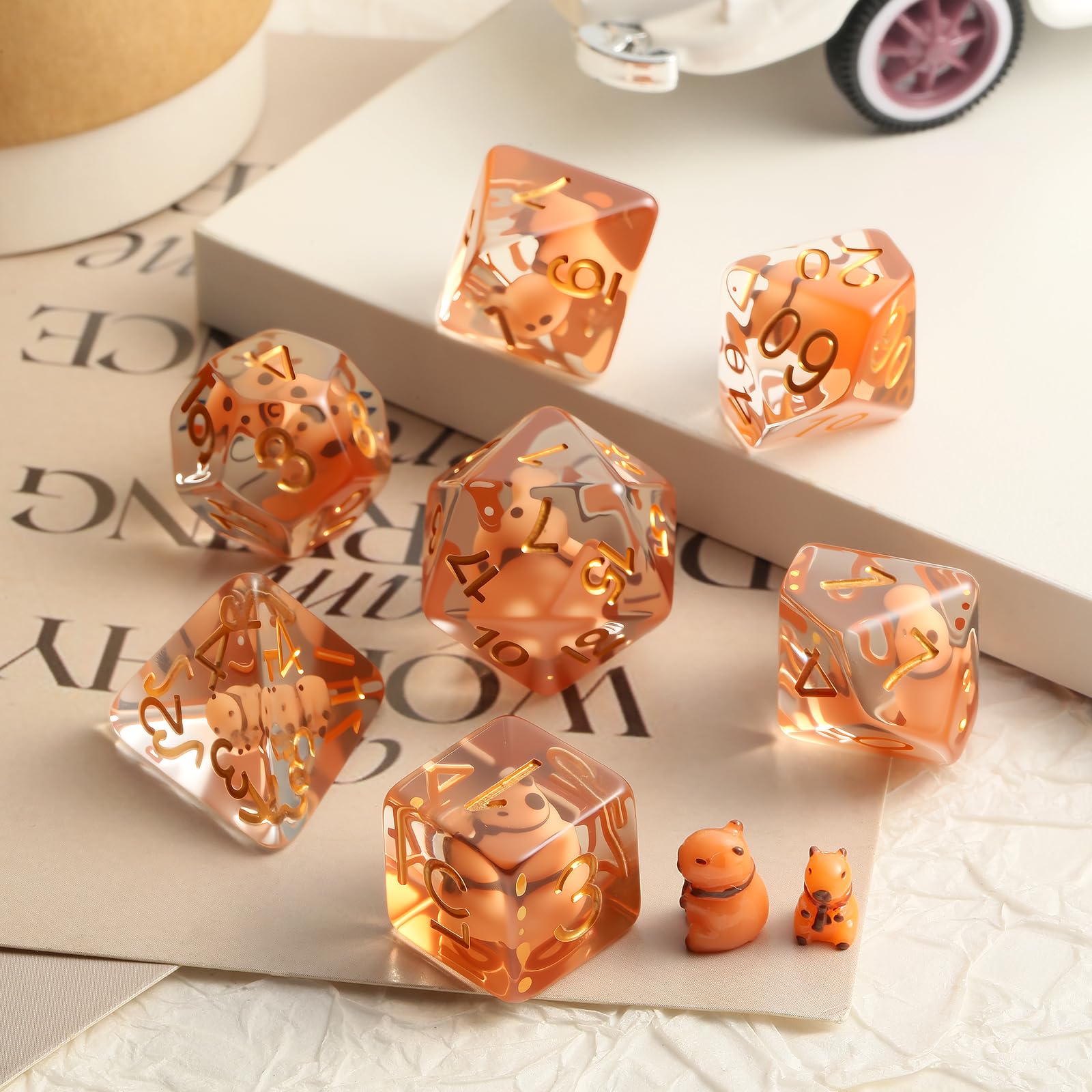 DNDND Capybara D6 dice featuring an adorable capybara inside for quick reads.