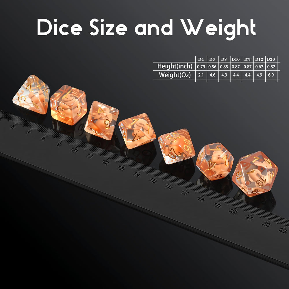 DNDND Capybara D% dice with gold numbers and a capybara charm.