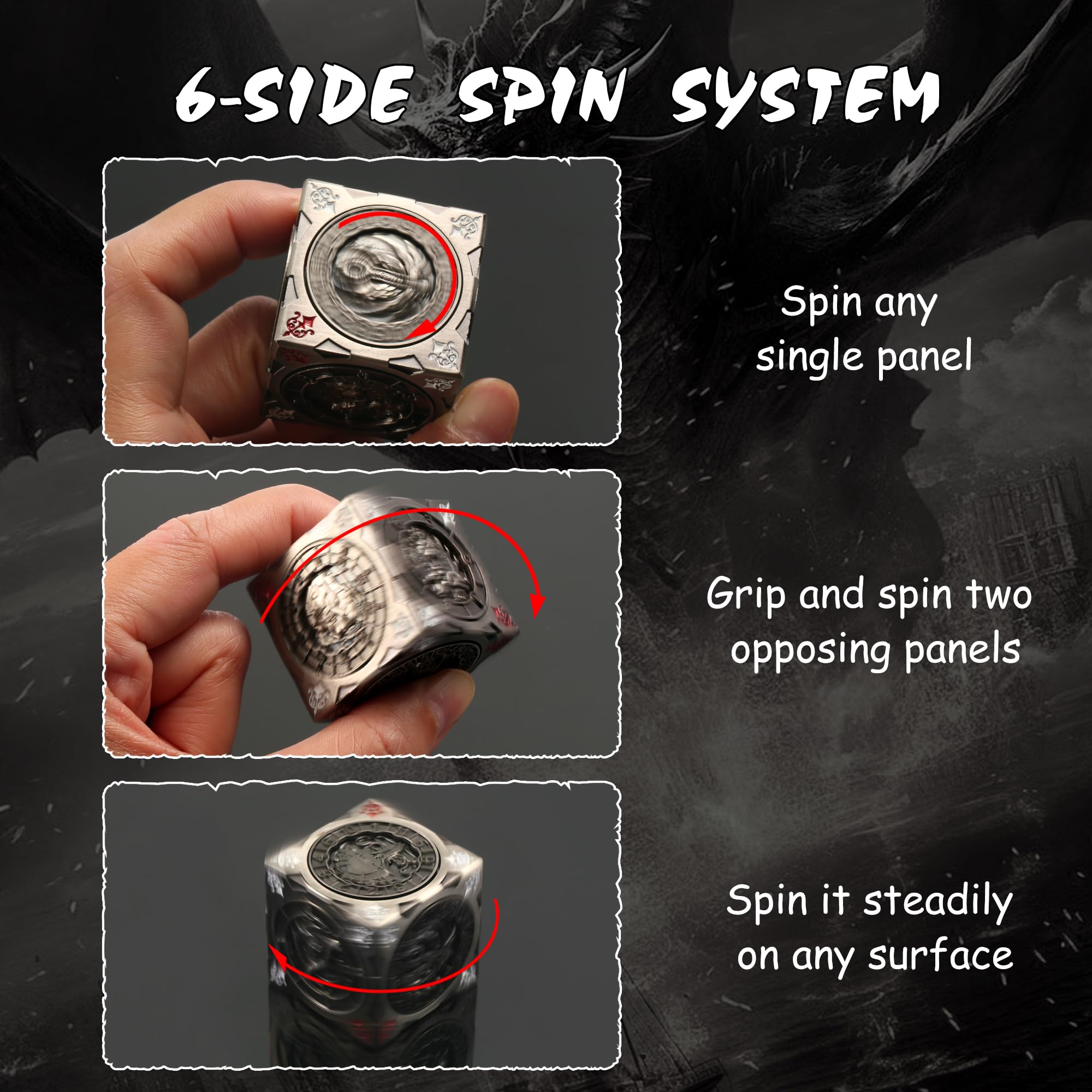 DNDND Couatl face spinner cube combines striking design with tactile control.