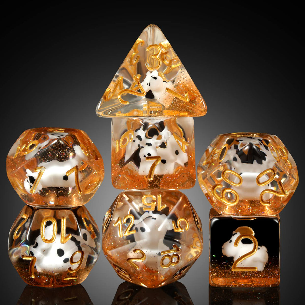 DNDND cow dice set ready for tabletop RPGs.