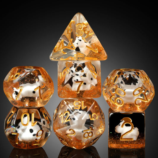 DNDND cow dice set ready for tabletop RPGs.