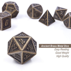DnDnD D8 brass die close-up with detailed artistry.
