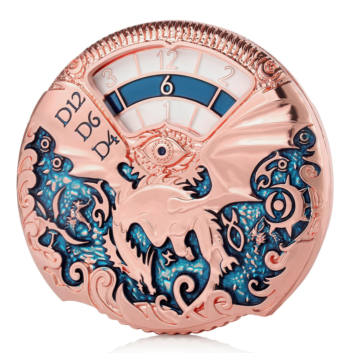 DNDND dragon roulette 7in1 dice in rose gold and teal for immersive RPG play.