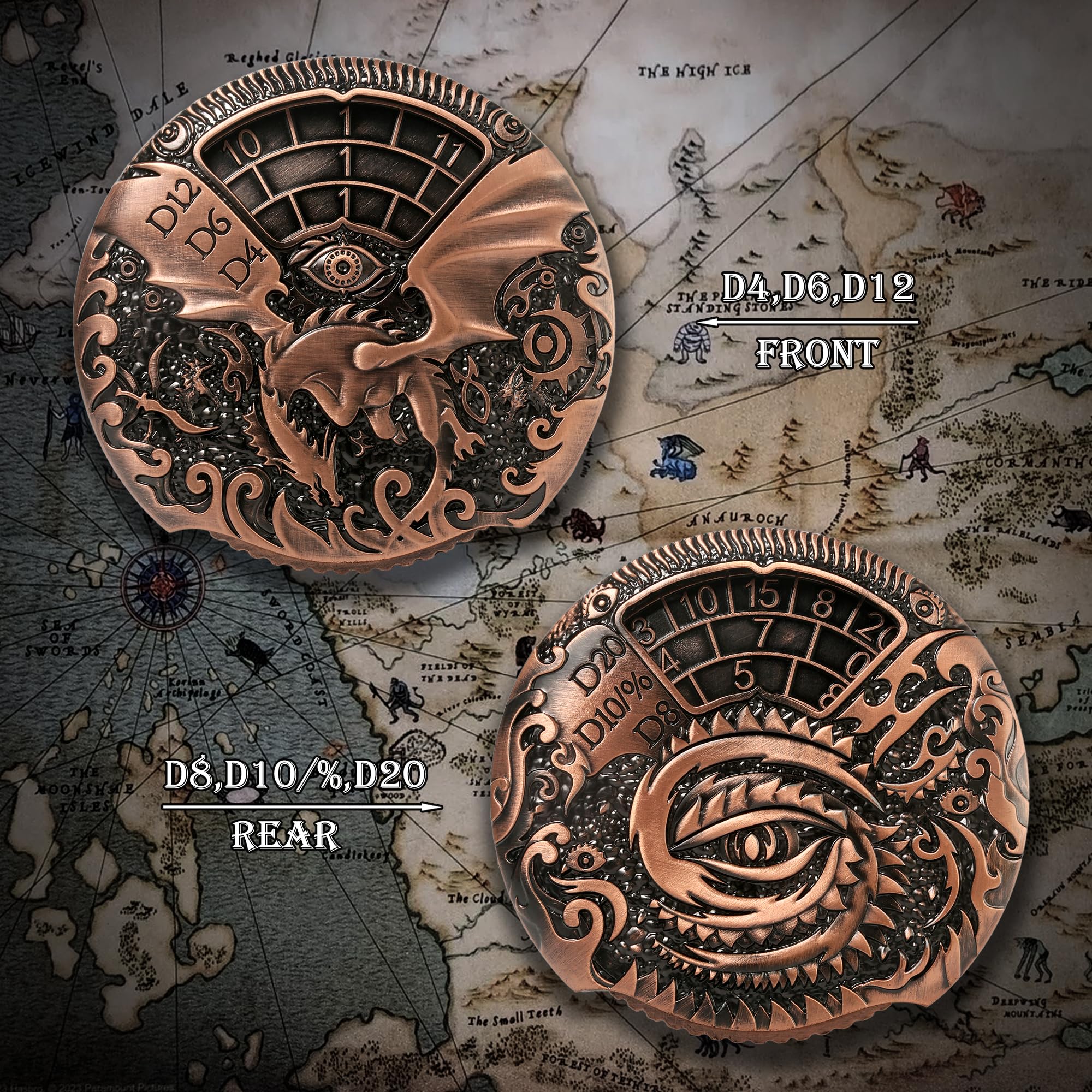 DNDND engraved D4, D6, D12 showcase the multi-face design.