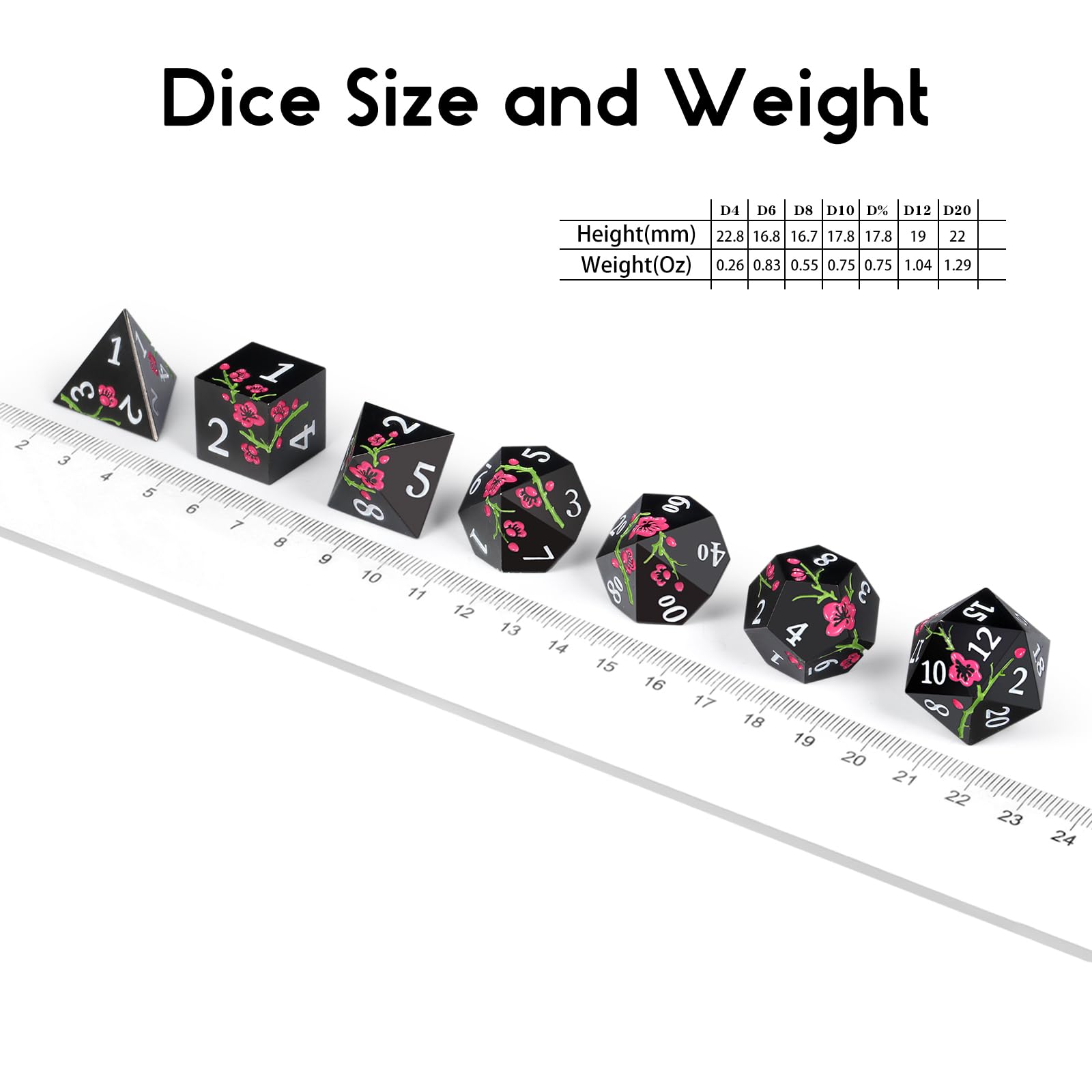 DNDND flower metal dice D12 in matte black with pink flower, durable during campaigns.
