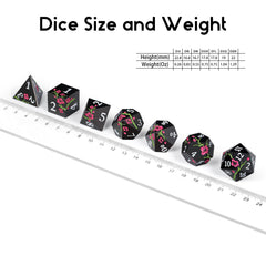 DNDND flower metal dice D12 in matte black with pink flower, durable during campaigns.