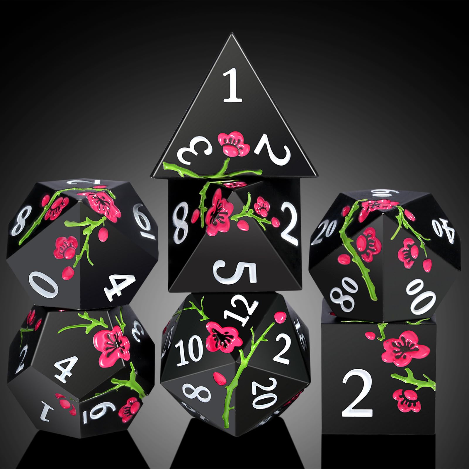 DNDND flower metal dice D20 in matte black with pink flower, eye-catching on the gaming table.