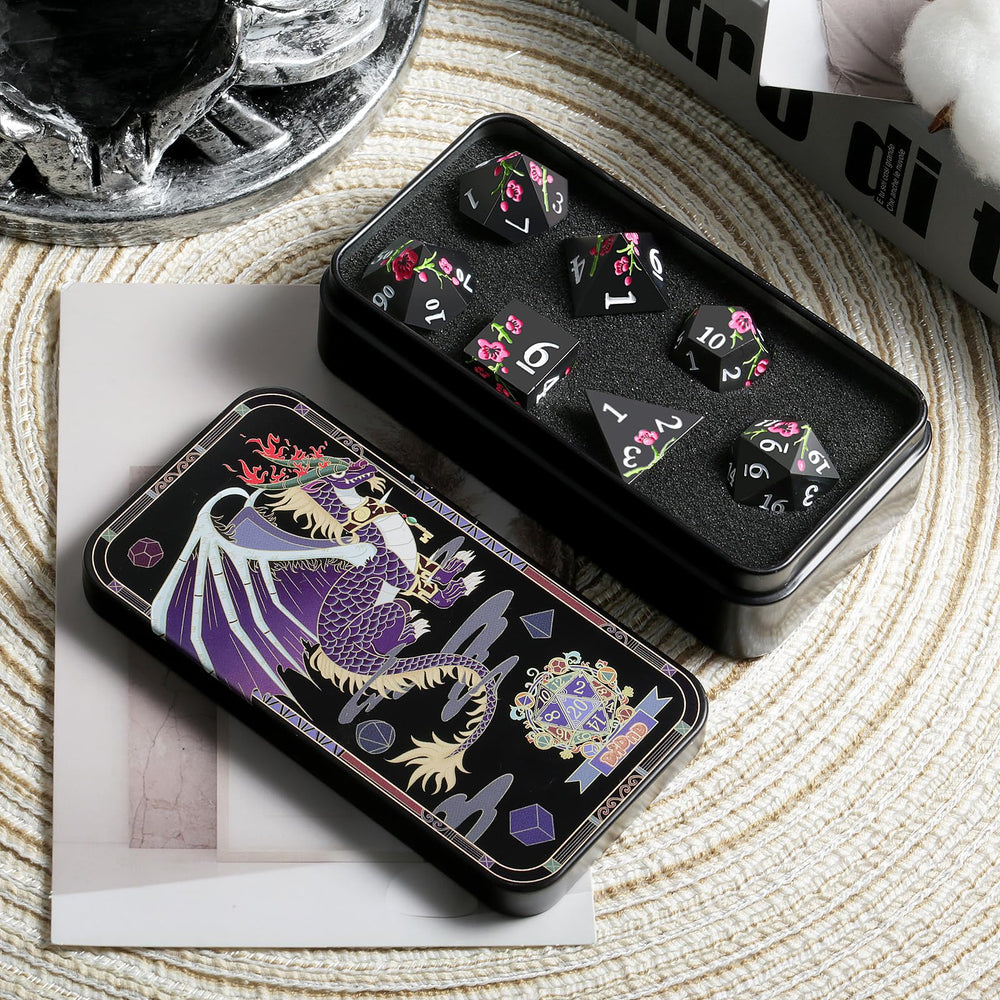DNDND flower metal dice D8 in matte black with pink flower, great for dramatic moments.