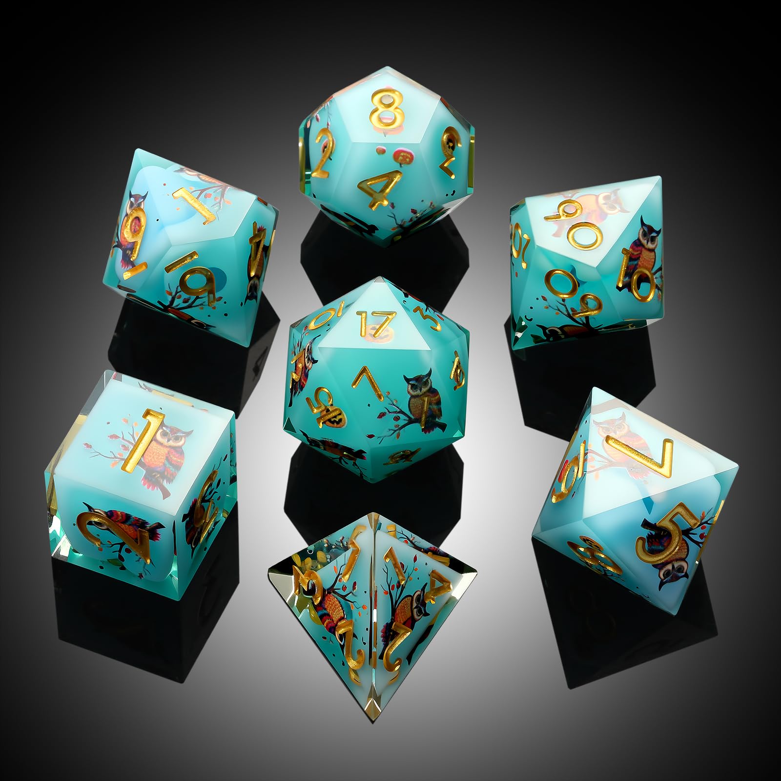 DNDND Gift-ready owl dice in a protective case.