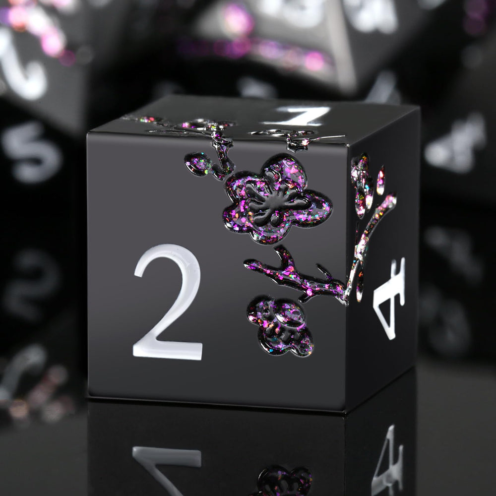 DNDND glitter purple flower dice set on the table for immersive RPG sessions.