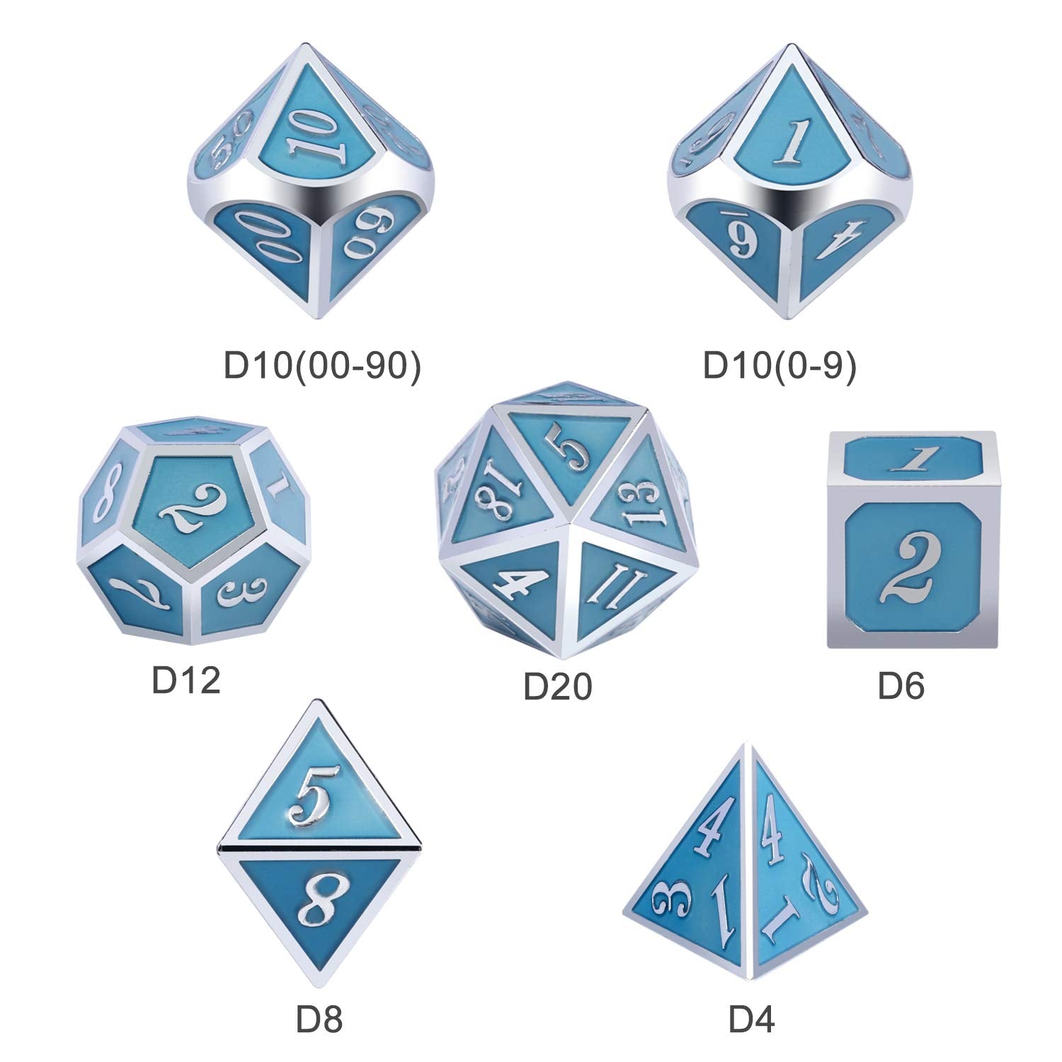 DnDnD glowing blue D8 close-up, durable metal for long campaigns.