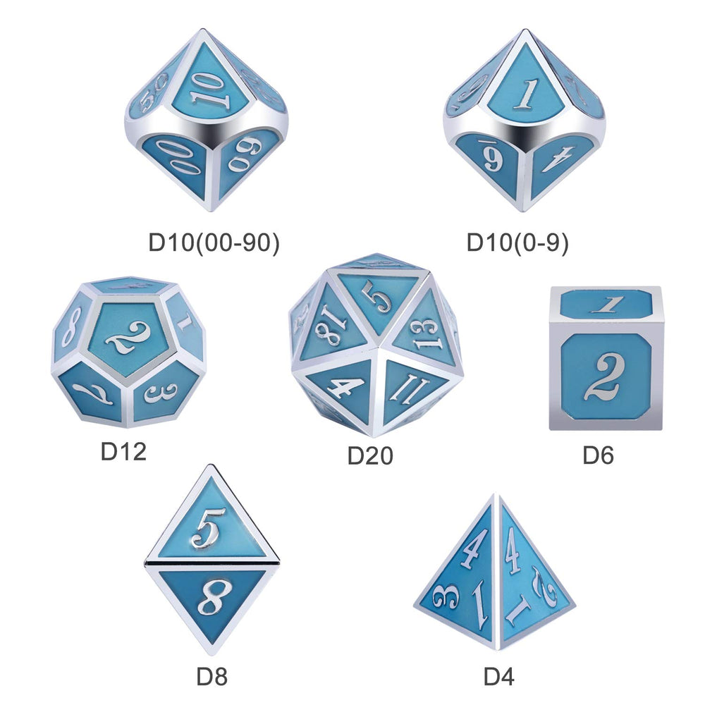 DnDnD glowing blue D8 close-up, durable metal for long campaigns.