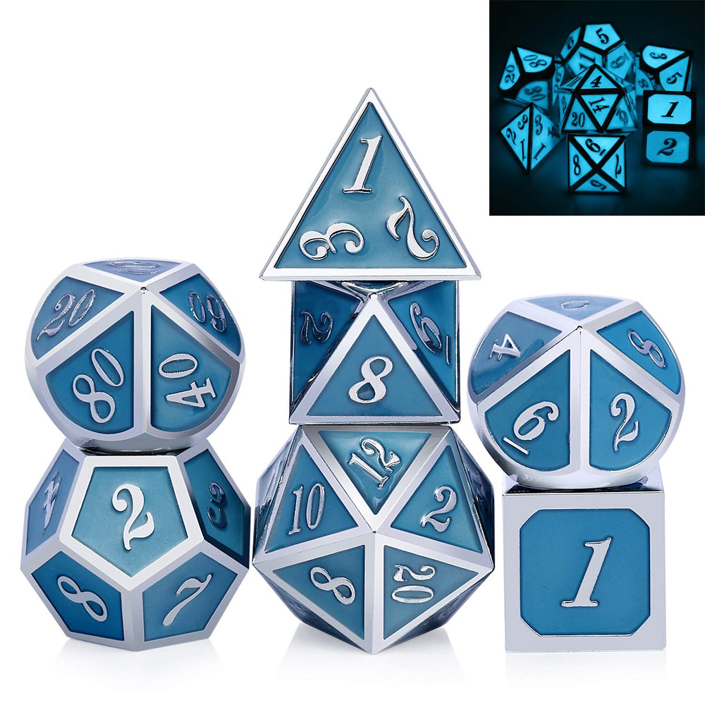 DnDnD glowing blue dice set front view, premium metal feel for tabletop RPGs.