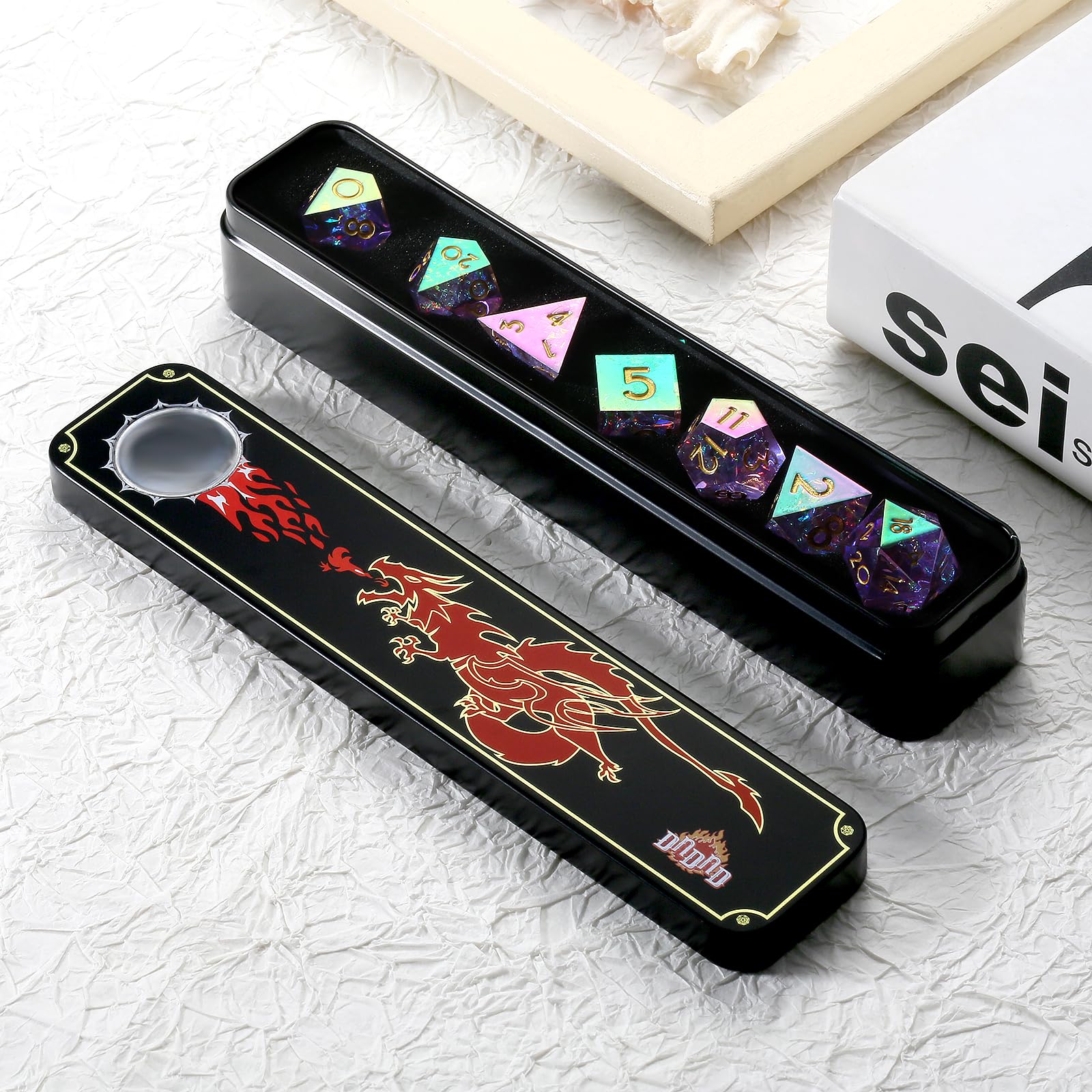 DNDND iridescent lilac D-percent dice eye-catching display piece.