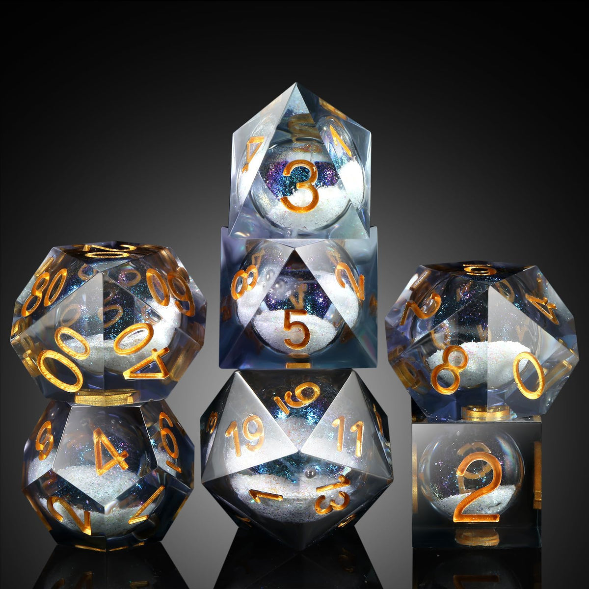 DNDND liquid grey dice set with glitter core for immersive gameplay.
