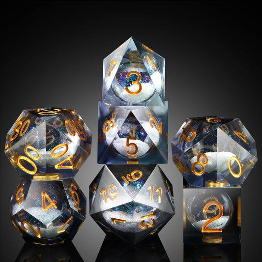 DNDND liquid grey dice set with glitter core for immersive gameplay.