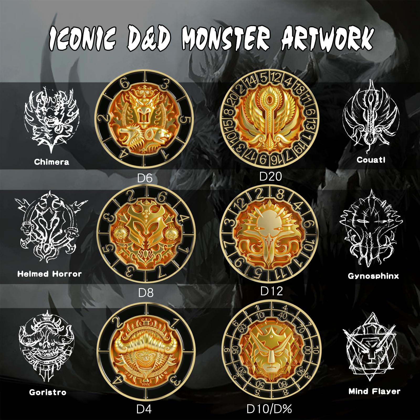 DNDND Mind Flayer face engraving on gold spinner dice for fantasy campaigns