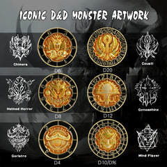 DNDND Mind Flayer face engraving on gold spinner dice for fantasy campaigns
