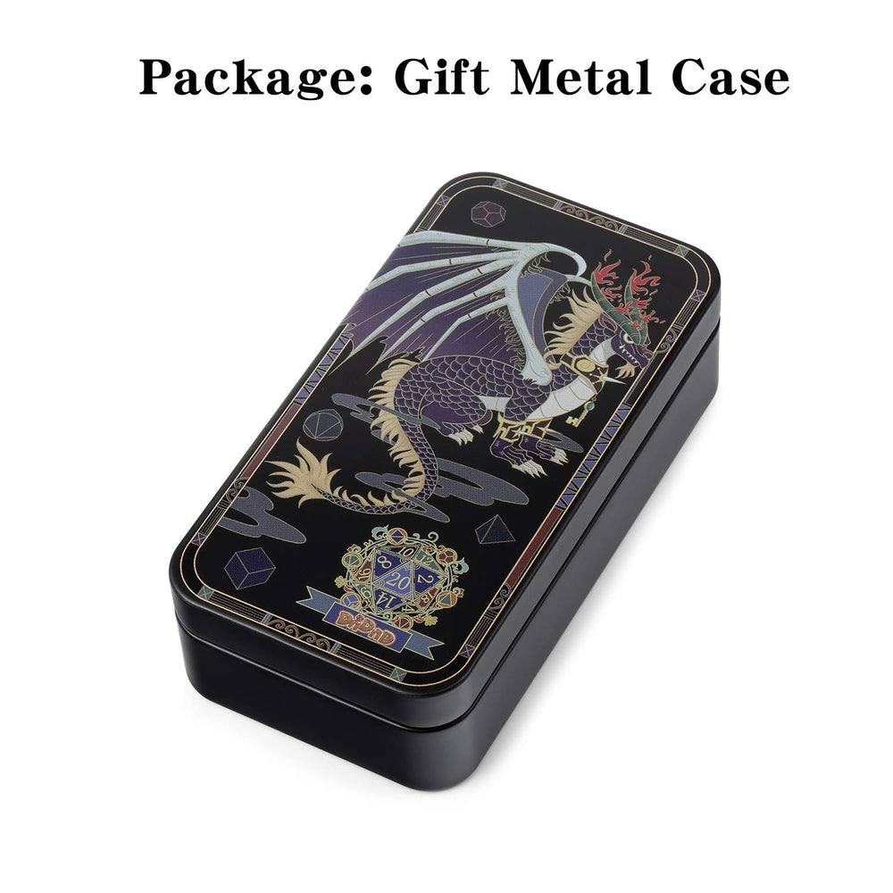 DNDND metal dice case with dragon-embossed lid, keeps dice safe during travel.