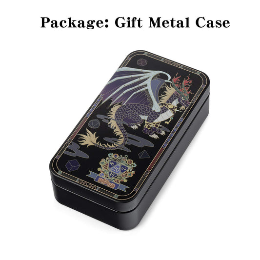 DNDND metal dice case with dragon-embossed lid, keeps dice safe during travel.