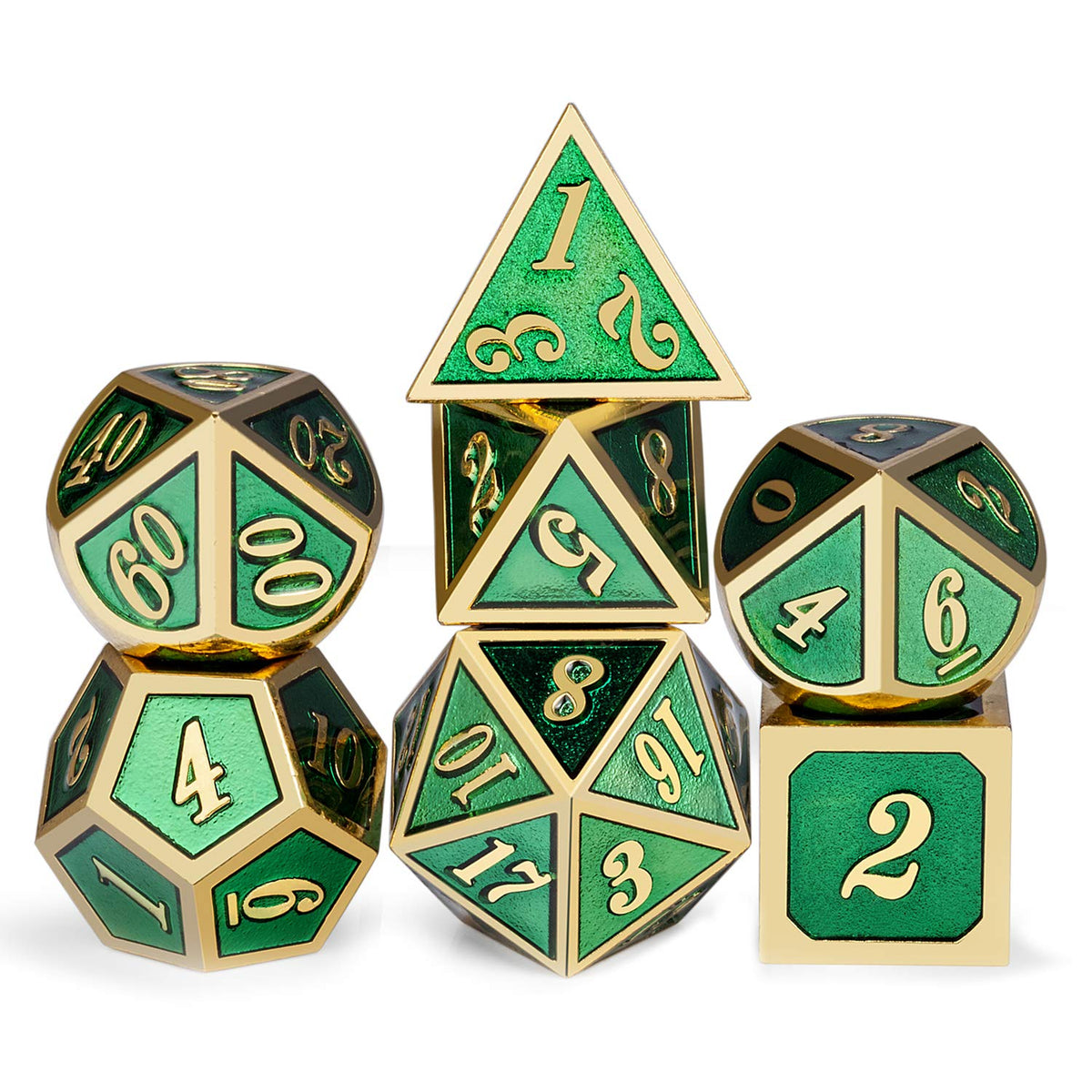DNDND metal dice set with green enamel and gold numbers for immersive RPG sessions.