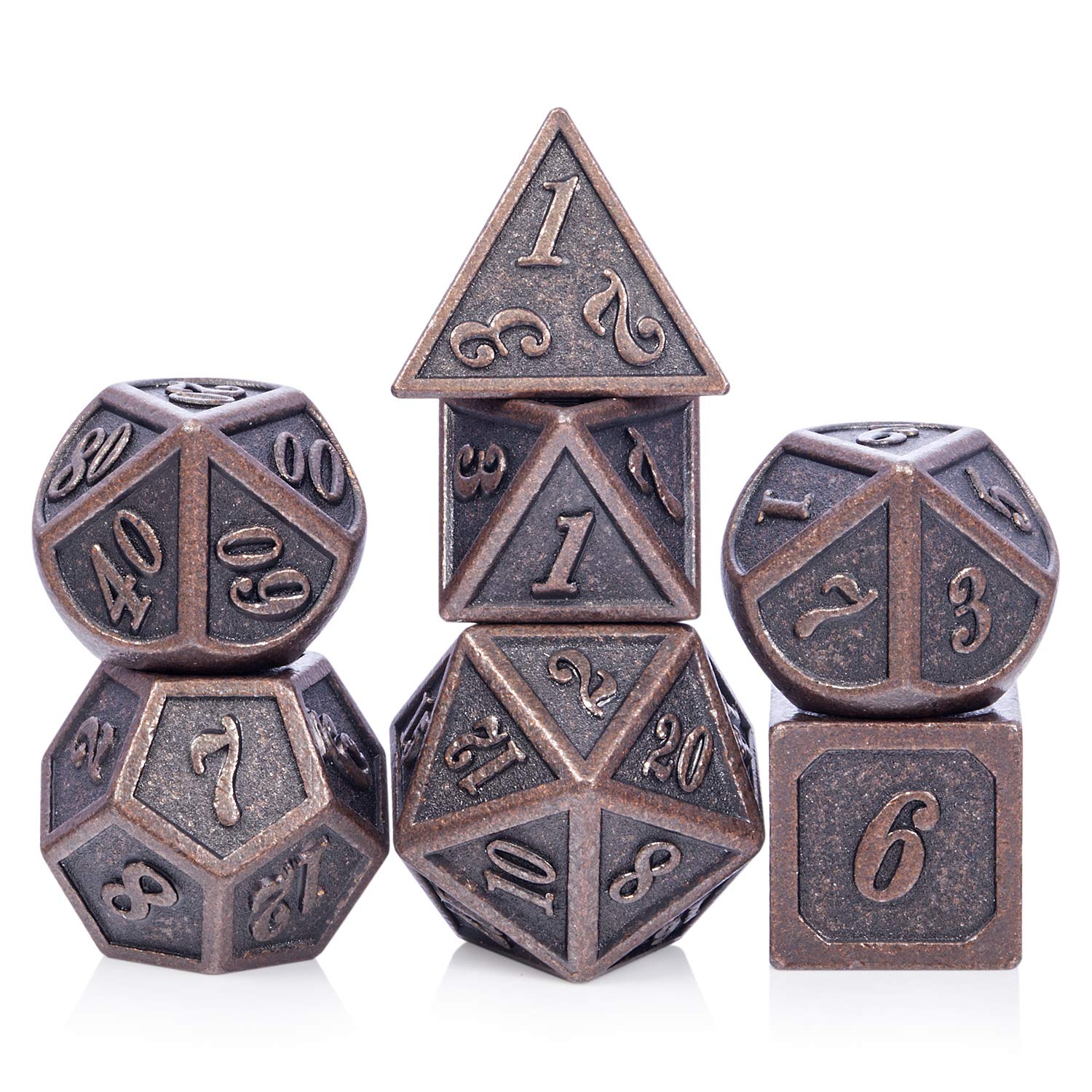 DNDND metal dice set in ancient copper finish, ideal for immersive D&D sessions.