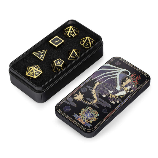 DNDND black-gold dice combo with D4–D12 displayed, showcasing durability and legible numerals.