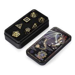 DNDND black-gold dice combo with D4–D12 displayed, showcasing durability and legible numerals.