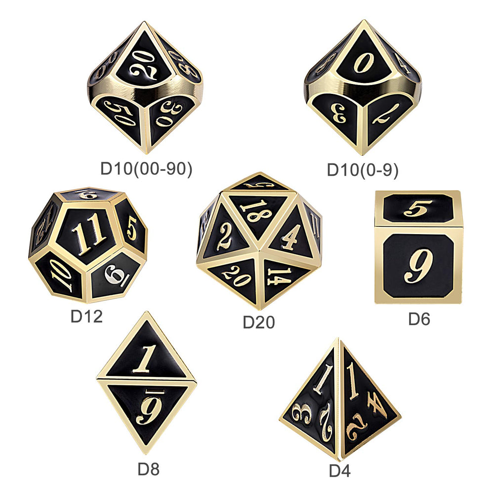 DNDND shiny black dice with gold numerals reflecting light.