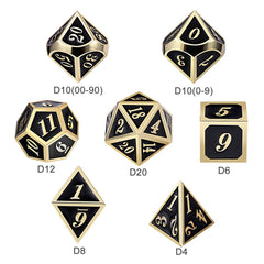 DNDND shiny black dice with gold numerals reflecting light.