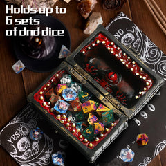 DNDND Mimic Chest open view with dice inside, highlighting six-dice capacity.
