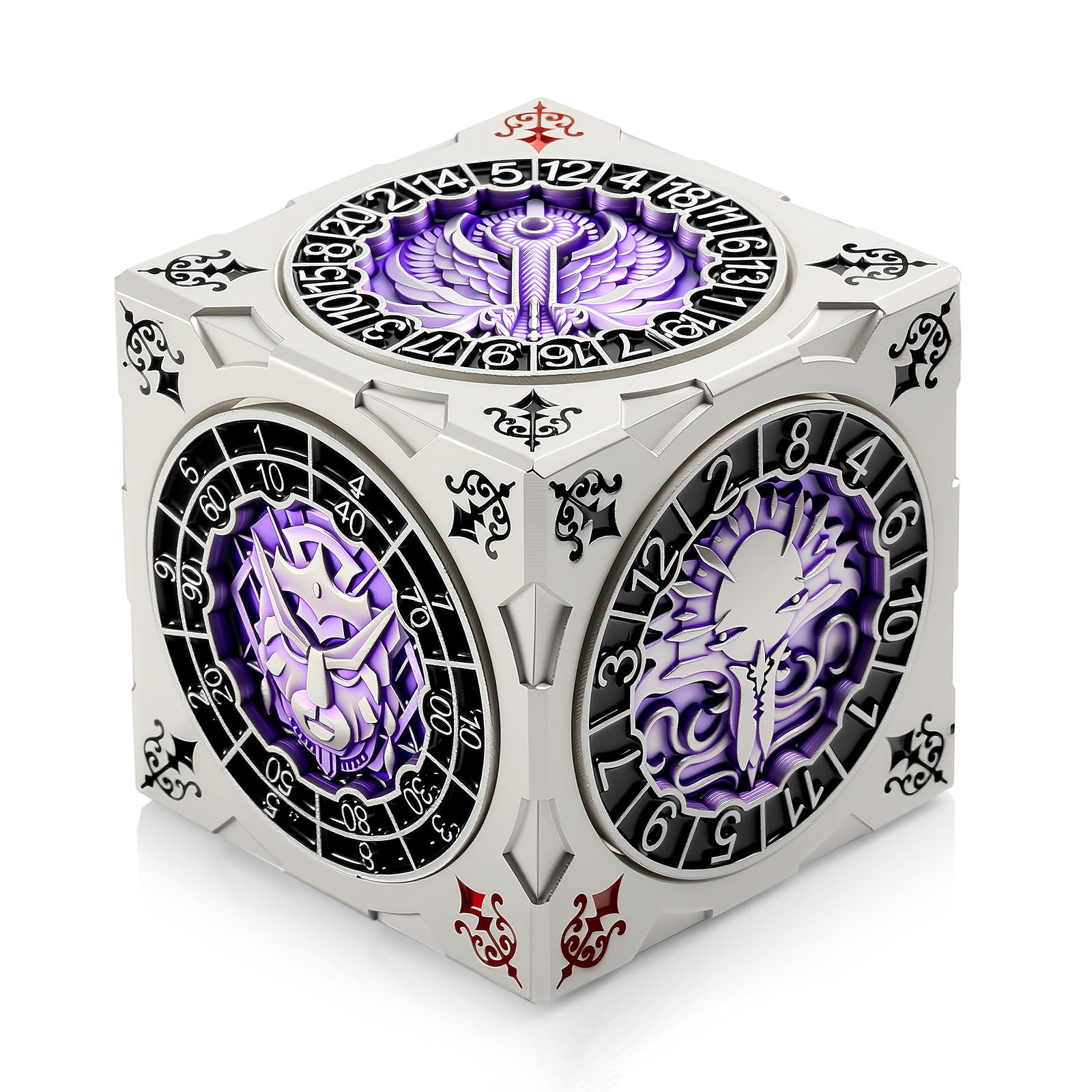 DNDND spinner dice cube in silver-purple finish showcasing premium design and table-ready style.
