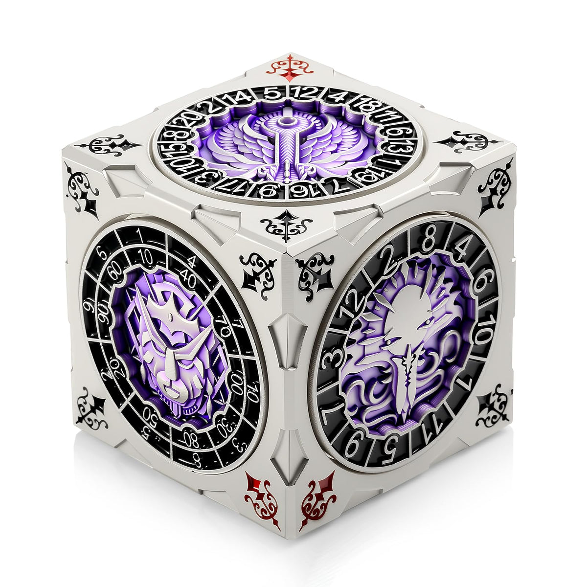 DNDND spinner dice cube in silver-purple finish showcasing premium design and table-ready style.