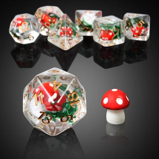 DNDND mushroom dice set with red hues and D10–D12 faces for RPG.