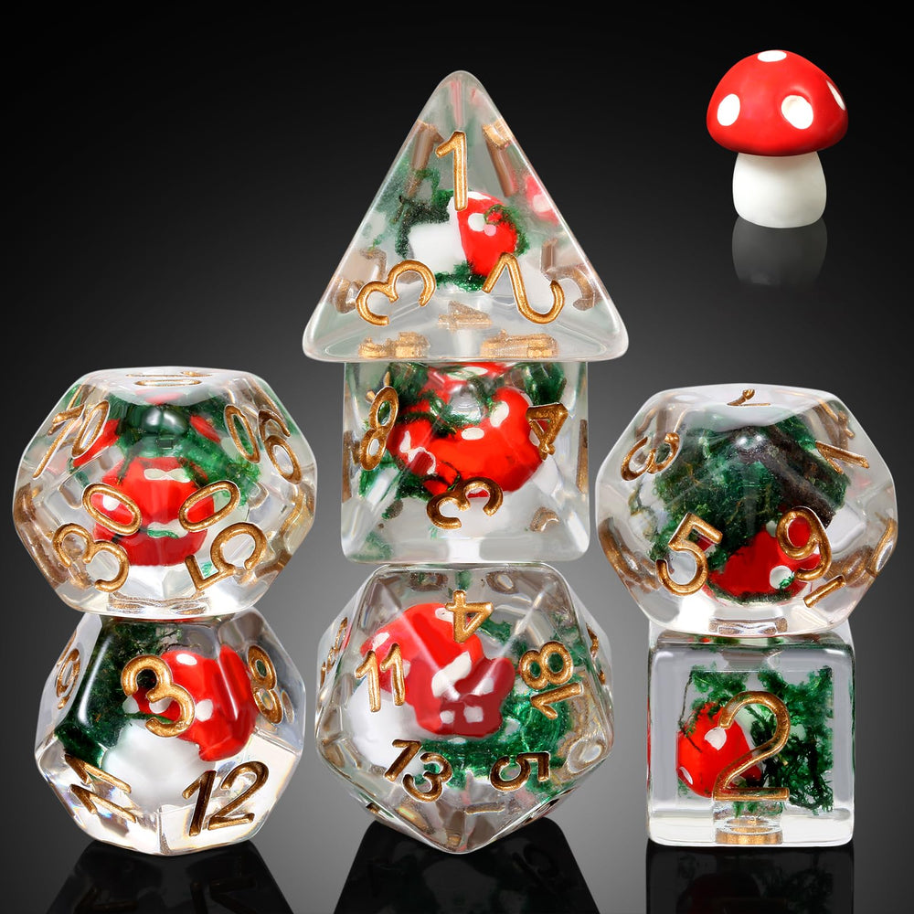 DNDND mushroom dice set in red with easy-to-read D4–D8 faces.