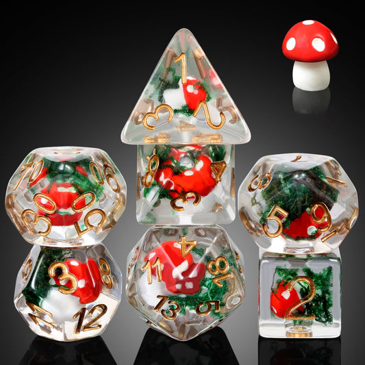 DNDND mushroom dice set in red with easy-to-read D4–D8 faces.