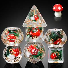 DNDND mushroom dice set in red with easy-to-read D4–D8 faces.