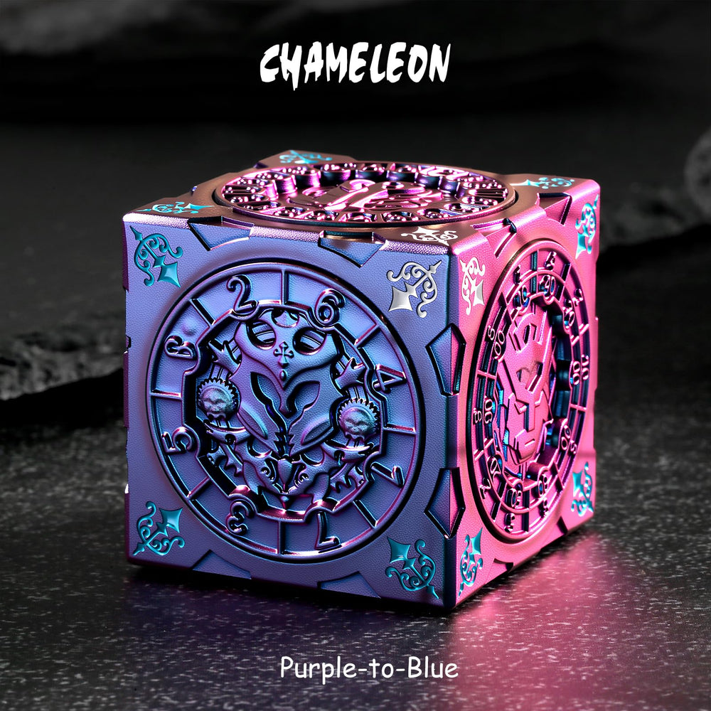 DNDND purple-to-blue chameleon spinner dice side detail shows durability.
