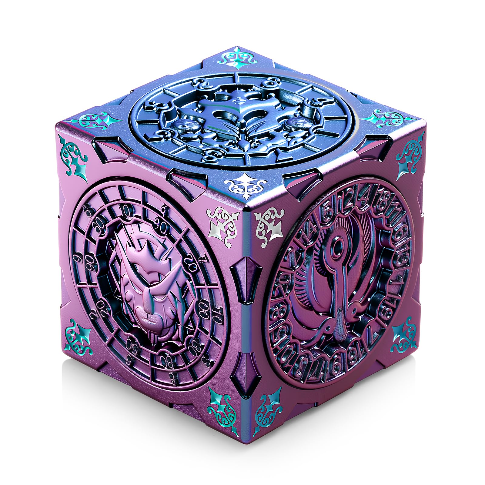 DNDND purple-to-blue chameleon spinner dice top view with color-shift finish.