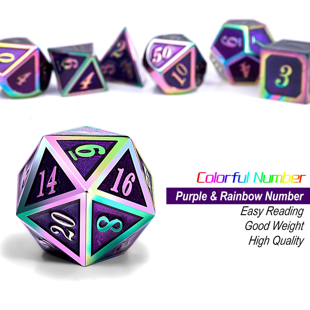 DNDND purple metal D10 die with vivid colors aiding fast readability