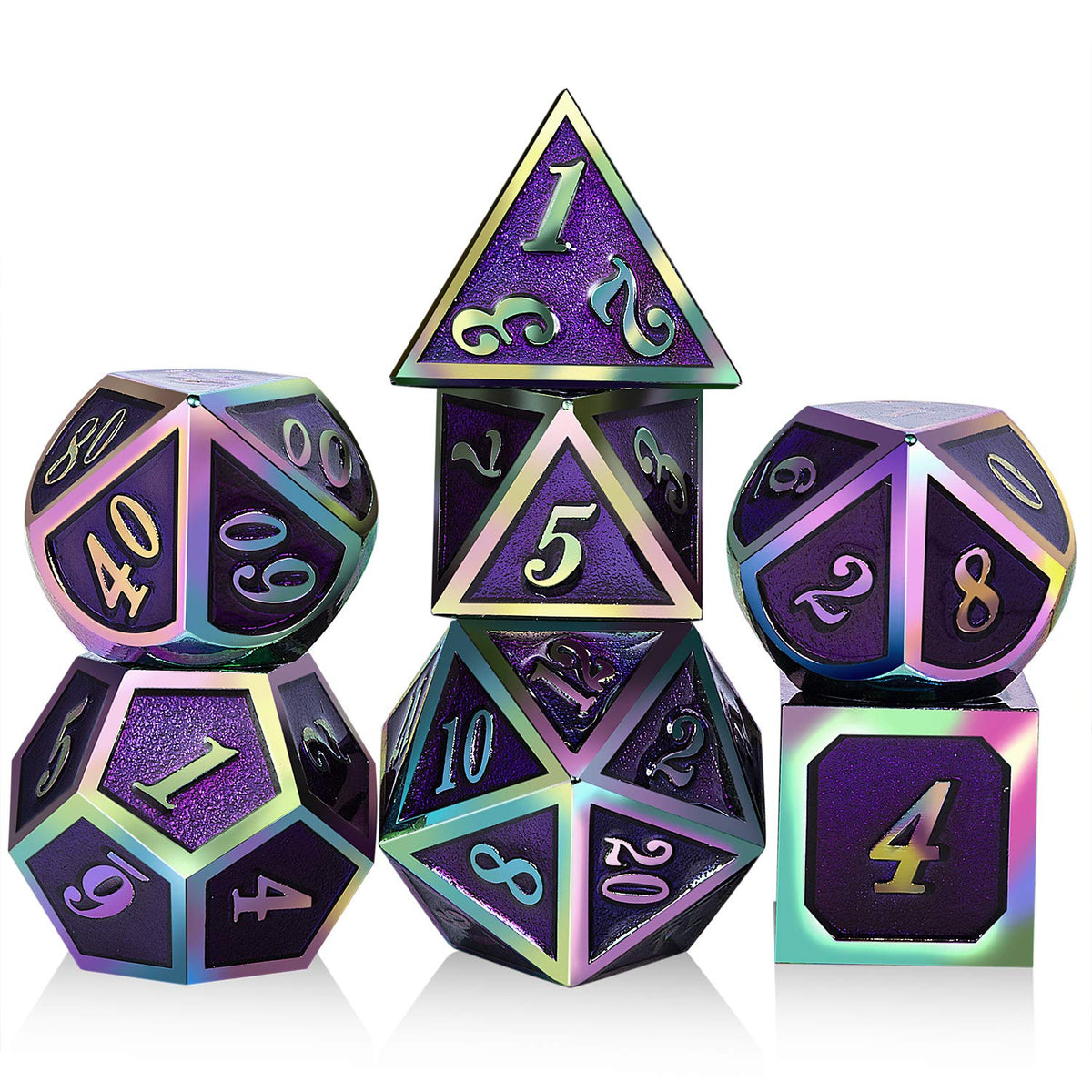 DNDND purple metal D4 die with glossy enamel and colorful numerals for precise reads