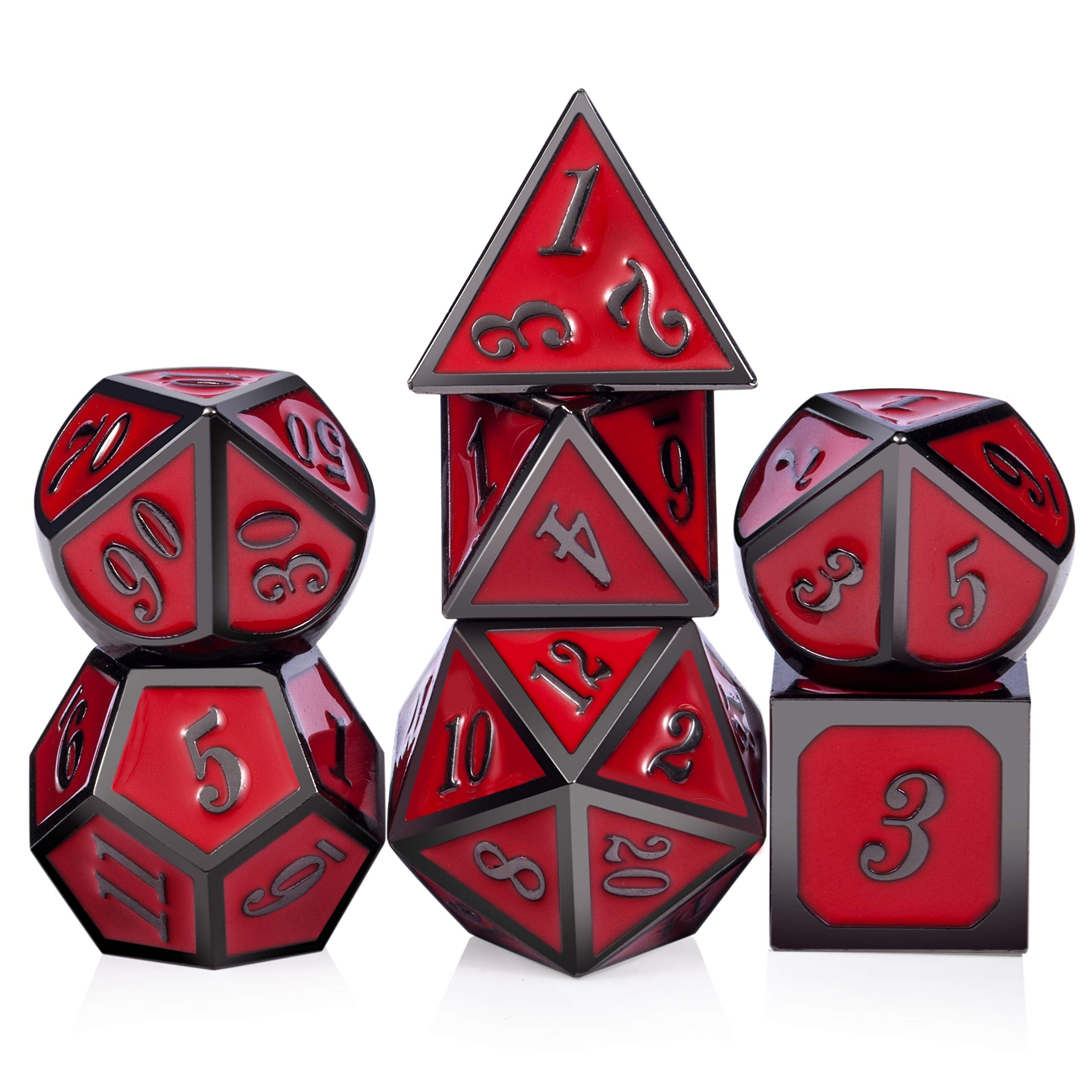 DNDND red polyhedral dice set in a metal tin for RPG gaming.