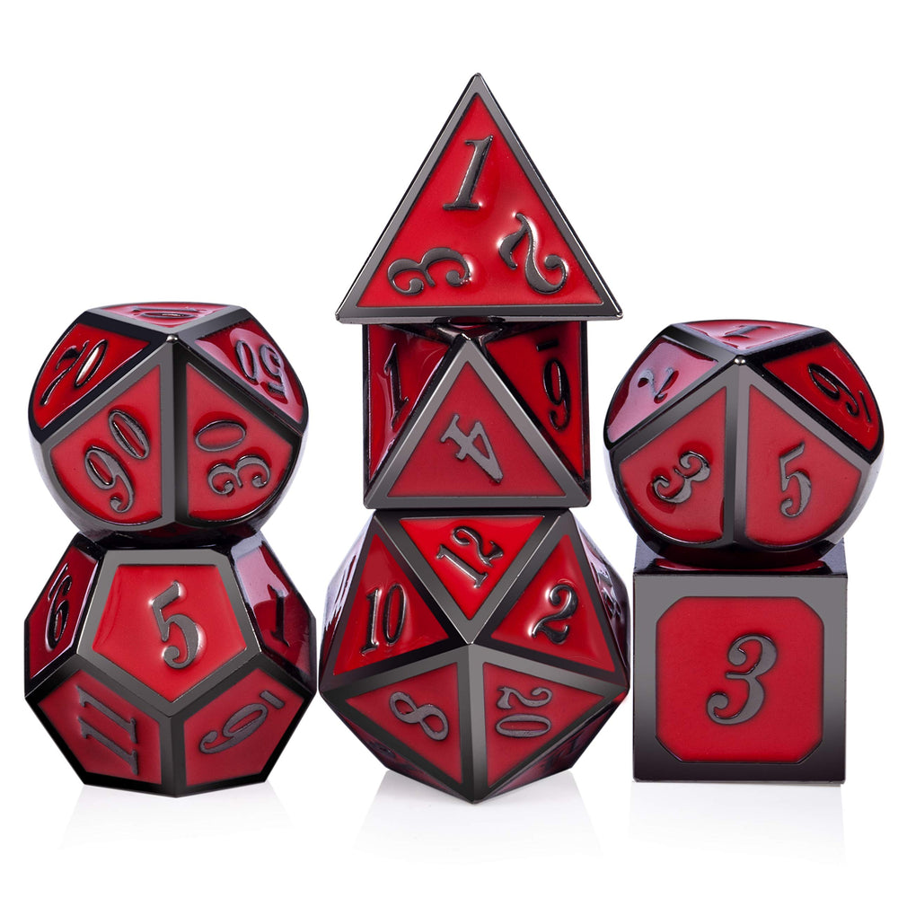 DNDND red polyhedral dice set in a metal tin for RPG gaming.