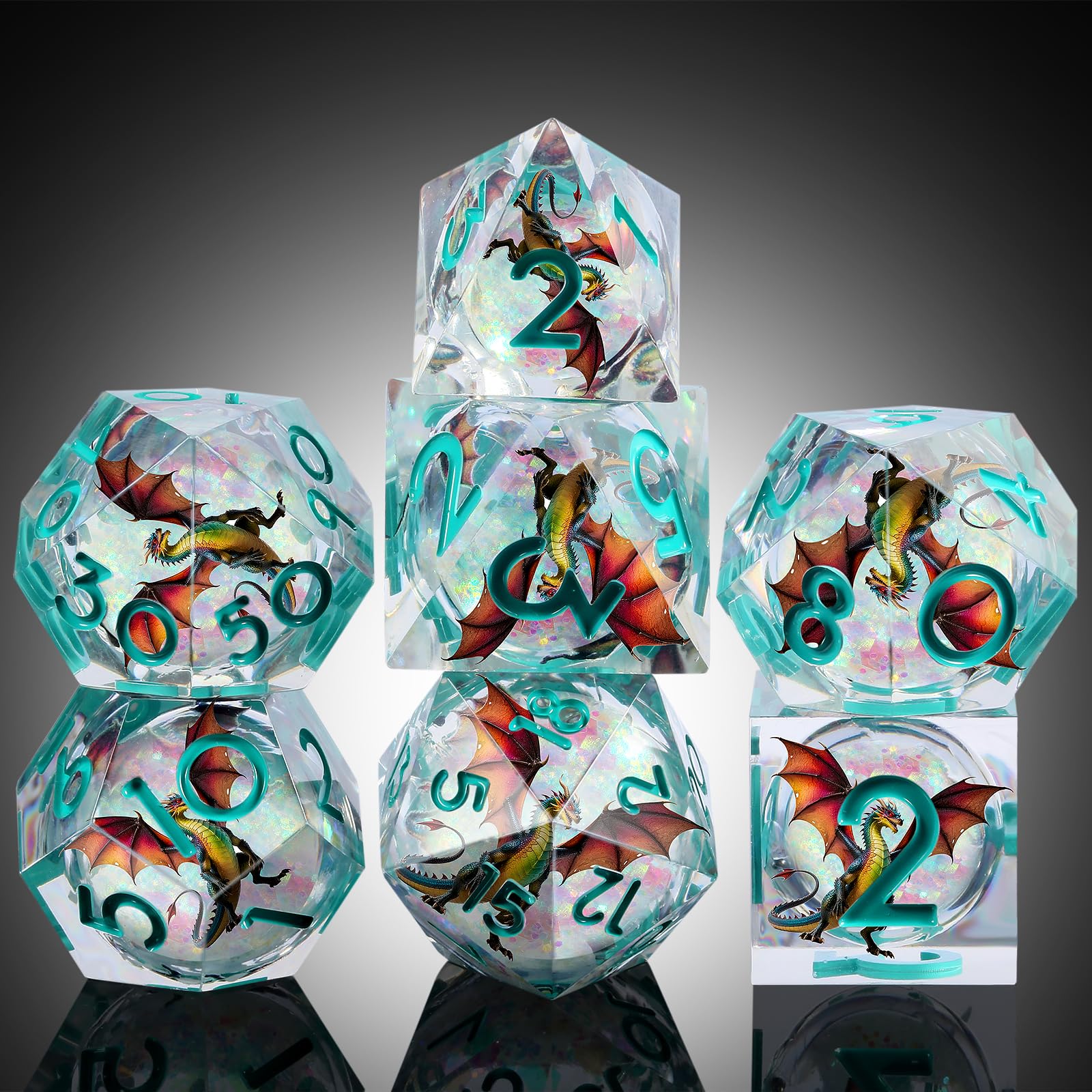 DNDND Shinny aqua dice macro shot highlighting color and translucence