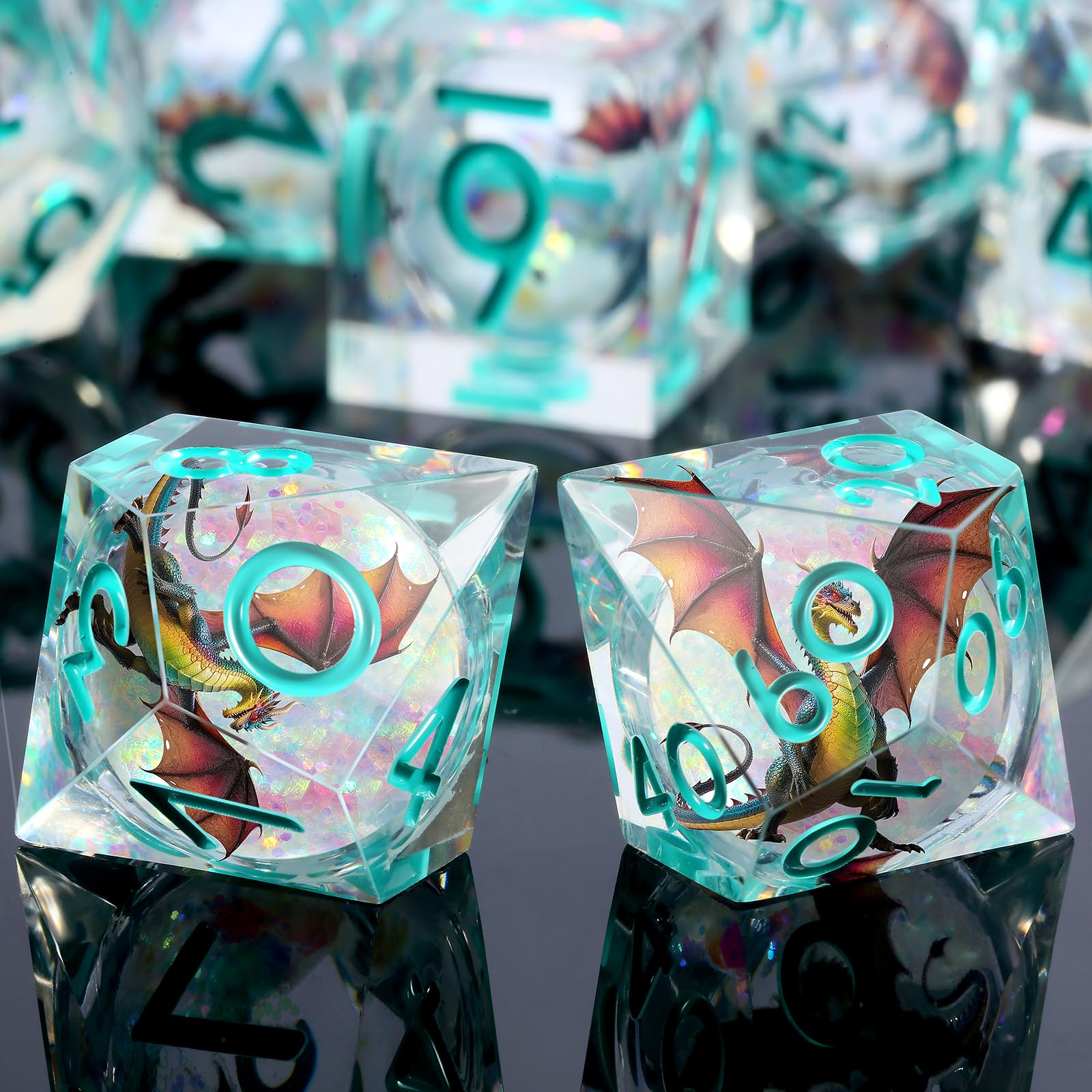 DNDND Shinny D20 die with visible liquid core sphere for dramatic rolls