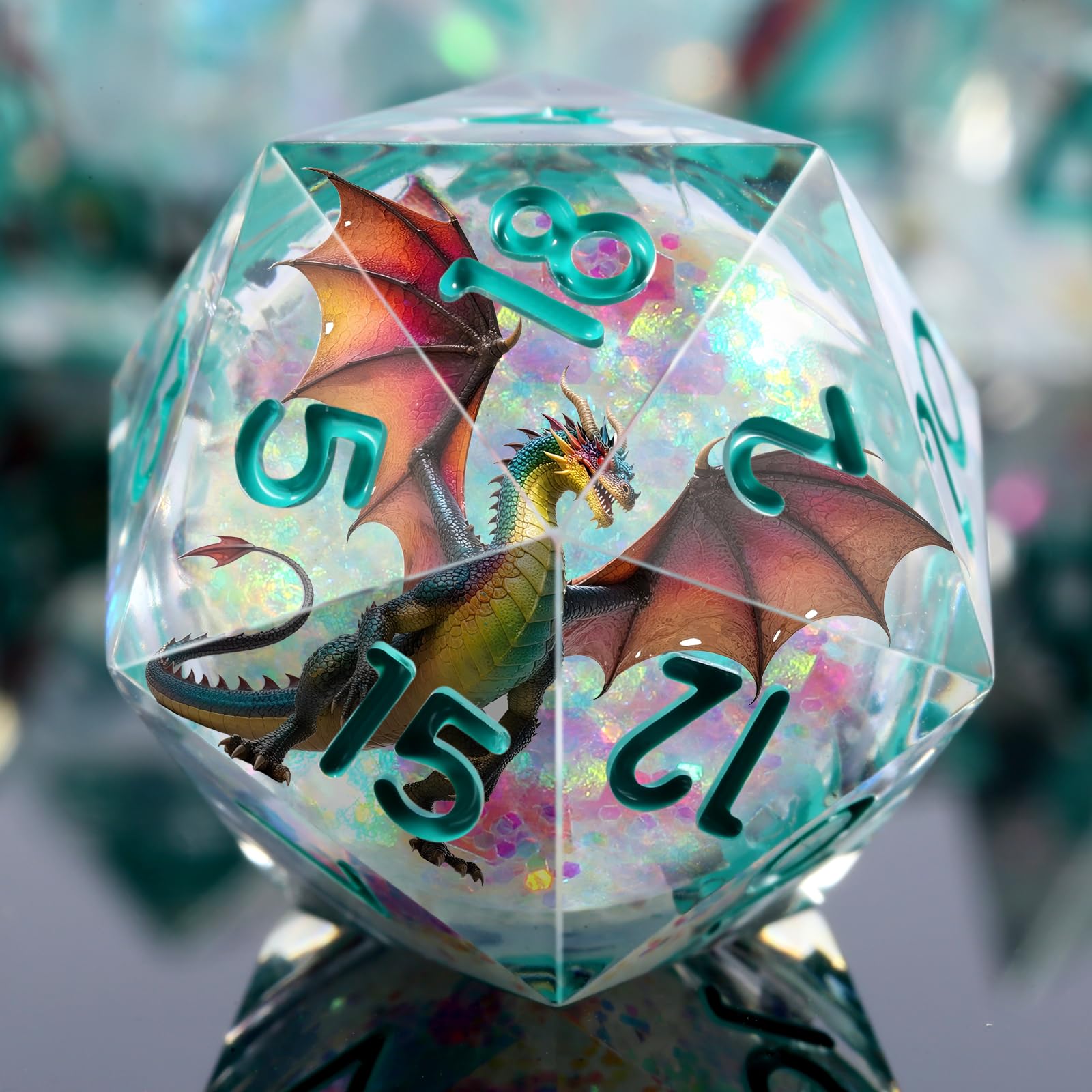 DNDND Shinny Liquid Core Dice Set front view with seven dragon dice