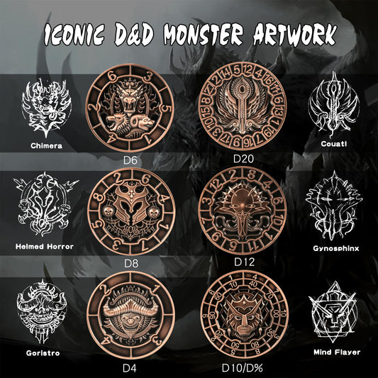 DNDND Spinner Dice Cube face engravings with Chimera showcase collectible appeal.